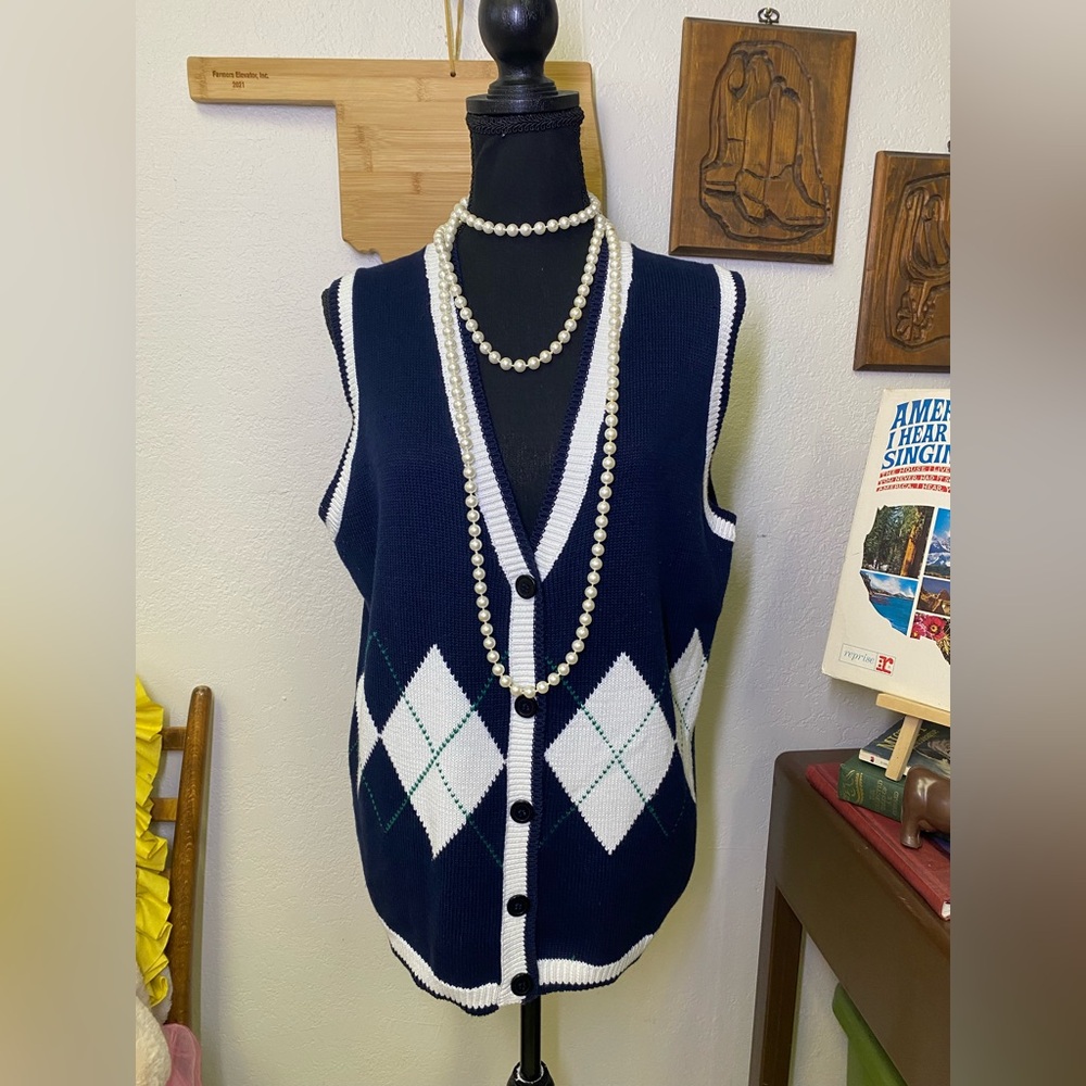 VTG Crystal-Kobe Sport Unisex Knit Argyle Sweater Vest MEDIUM Tenniscore Preppy